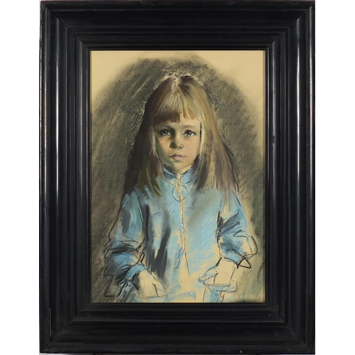 853 - Portrait of a young girl in a blue dress, English school pastel and chalk, framed, 50cm x 34.5cm