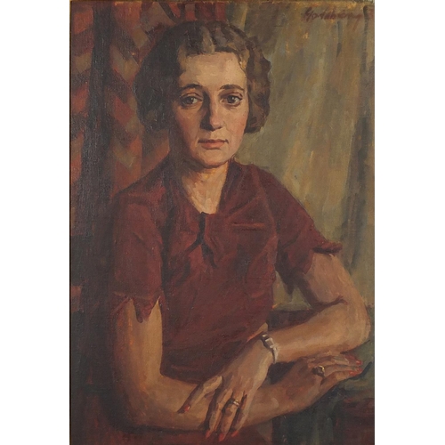 854 - Goldberg - Portrait of a female in a burgundy dress, oil on canvas, framed, 76cm x 53cm