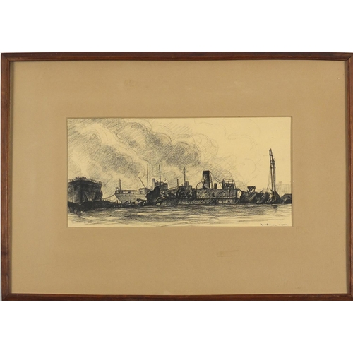 857 - Ronald Brimmell 1942 - Harbour scene, Military interest black chalk, inscribed verso, dated 25th Dec... 