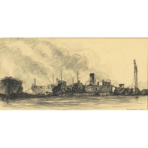 857 - Ronald Brimmell 1942 - Harbour scene, Military interest black chalk, inscribed verso, dated 25th Dec... 