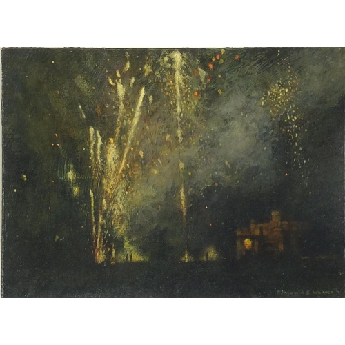 837 - Benjamin R Warner - Firework display, oil on board, mounted and framed, 27cm x 19.5cm