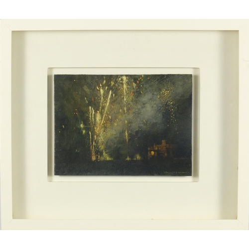 837 - Benjamin R Warner - Firework display, oil on board, mounted and framed, 27cm x 19.5cm