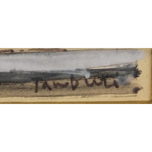 892 - Cityscape, pen and ink, bearing an indistinct signature possibly Tamburi, details verso, mounted and... 