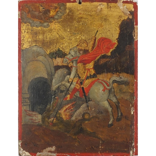 757 - George and the Dragon and Madonna, two 18/19th century Russian Orthodox icons, oil on panels, the la... 