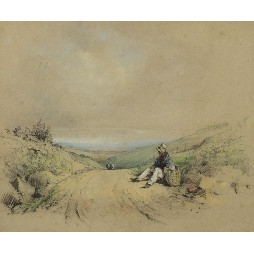 865 - Victorian pastel, pencil and chalk drawing of a farmer seated beside a lane and hills in the country... 