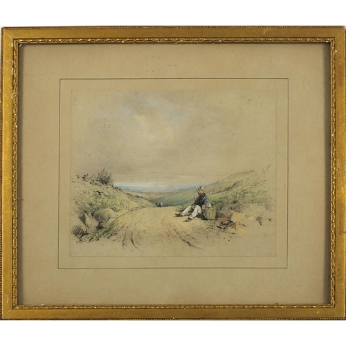 865 - Victorian pastel, pencil and chalk drawing of a farmer seated beside a lane and hills in the country... 