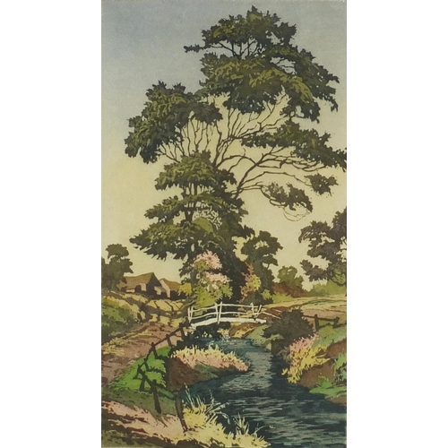 914 - James Priddey - Aquatint- Warwickshire Lane, bridge and trees, Warwick Artist proof blind stamped, 3... 