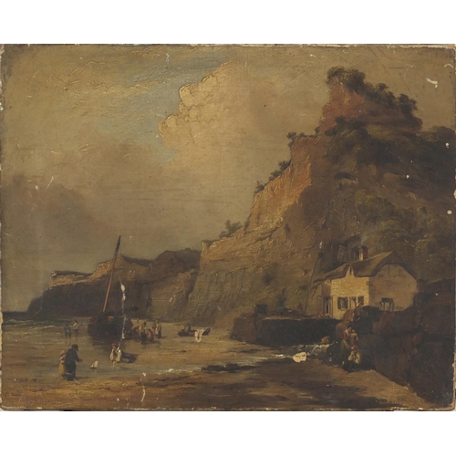 874 - Victorian oil on canvas, fishing folk with children on the shore beside cottage and cliffs, 40cm x 3... 