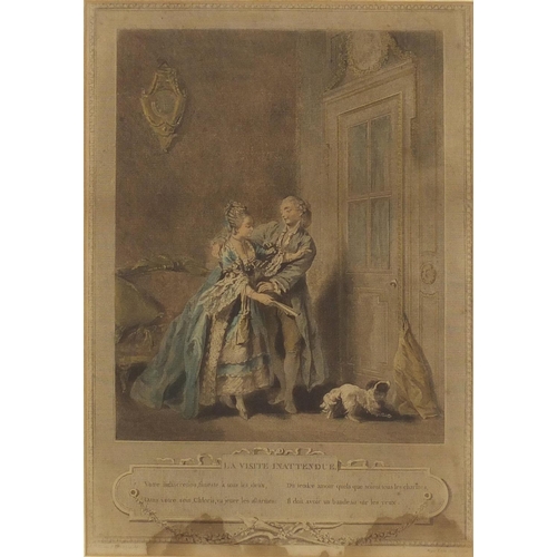 915 - 18th century French coloured print of a courting couple - La Visite Inattendue,  Voyer L'aire Sculp ... 