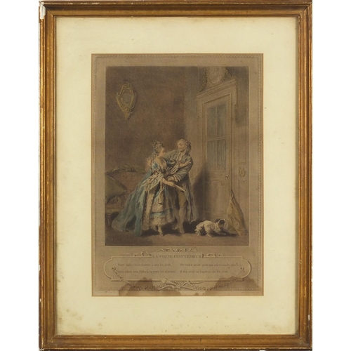 915 - 18th century French coloured print of a courting couple - La Visite Inattendue,  Voyer L'aire Sculp ... 