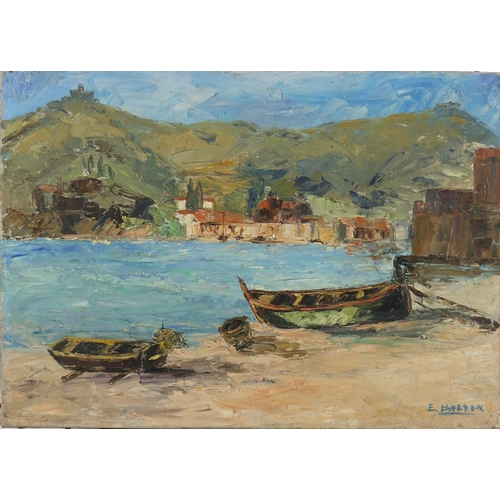 876 - E Bardon - Abstract fishing village scene with mountains and hills in background, oil on canvas, 46c... 