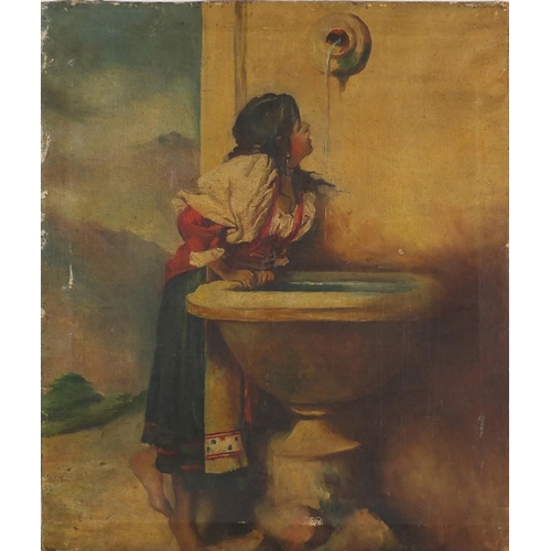 895 - Continental school oil on canvas, young barefooted girl drinking at water fountain, 67cm x 56cm