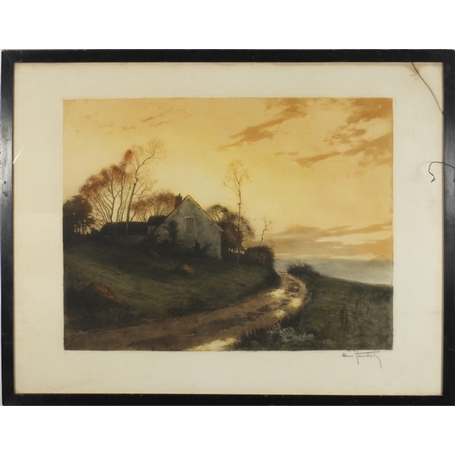 908 - Henri Fourday - Rural lane, coloured etching with cottage, pencil numbered 316, Paris Joseph Wilson ... 