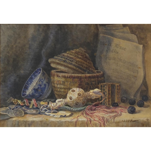 882 - AMF ? 1888 - Well detailed Victorian watercolour of still life basket with Chinese tea bowl and obje... 