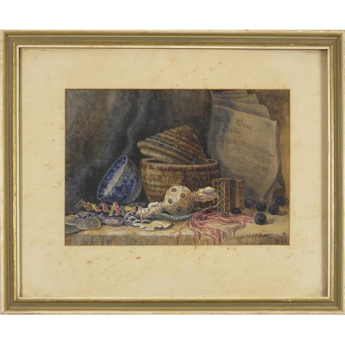 882 - AMF ? 1888 - Well detailed Victorian watercolour of still life basket with Chinese tea bowl and obje... 