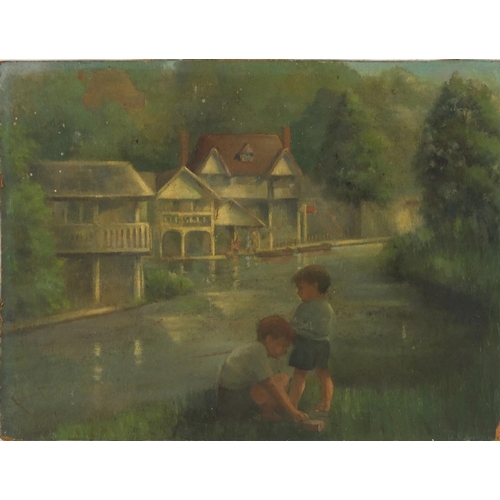 836 - Young boys in shorts fishing beside river and houses, oil on canvas laid onto board, 38cm x 29cm