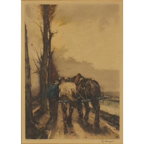 916 - F Guiquin ? - Coloured aquatint- farm horses in a country lane, pencil numbered 334, Fine Art Trade ... 