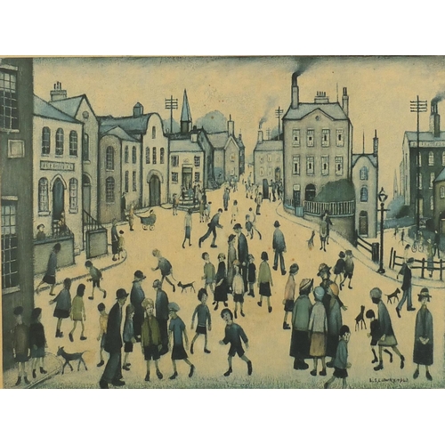 33 - Sir Laurence Stephen Lowry - A village square, coloured print, mounted and framed, 66cm x 51cm
