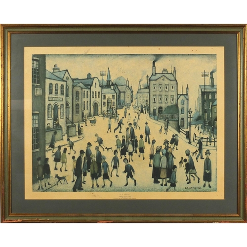 33 - Sir Laurence Stephen Lowry - A village square, coloured print, mounted and framed, 66cm x 51cm
