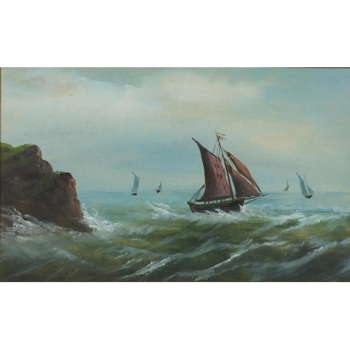 234 - Ships on stormy seas, oil on card, mounted and framed, 39cm x 24cm