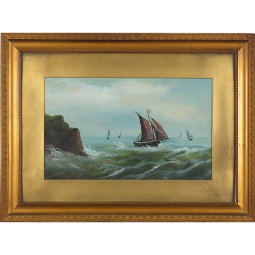 234 - Ships on stormy seas, oil on card, mounted and framed, 39cm x 24cm