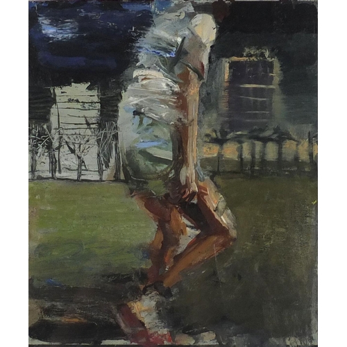 135 - Boy on the moon, oil, label verso, mounted and framed, 28.5cm x 23.5cm