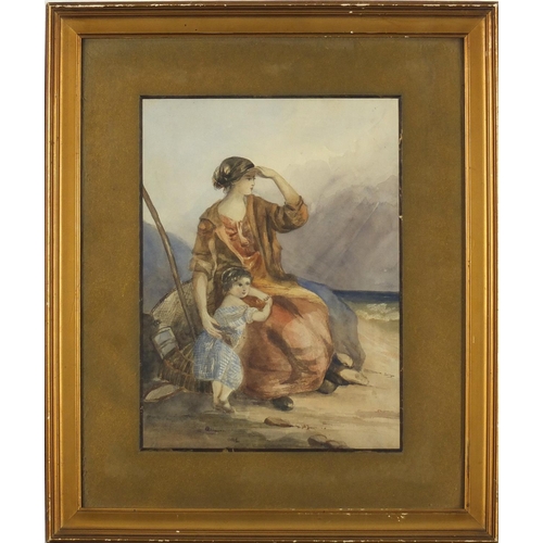 170 - Mother and child on a beach, 19th century watercolour, mounted and framed, 26cm x 19cm