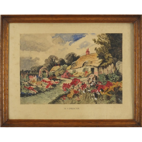 169 - In a Garden Fair watercolour, cottage and flowers, initialled GFM, framed, 28cm x 18cm