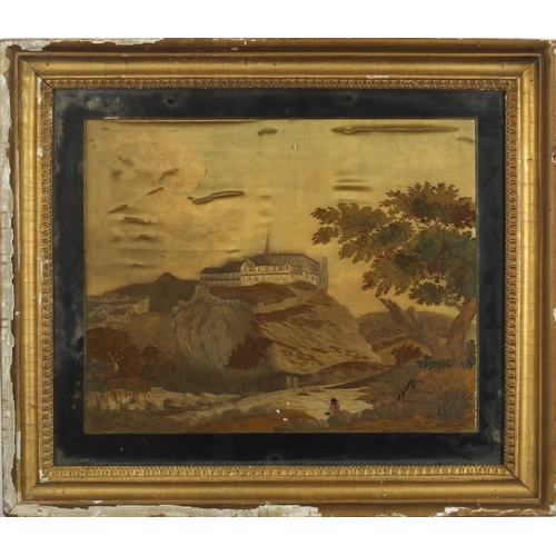 261 - 18th century silk work picture -Castle with fishermen before a stream, mounted in a gilt frame,  42c... 