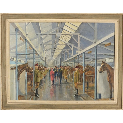 270 - Queens visit to the Kings Royal artillery horse troop in St Johns Wood London, oil on board in a con... 