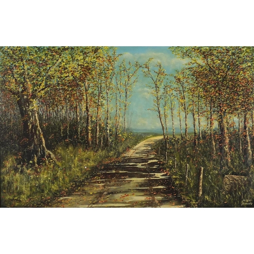 35 - Peter Kenward - The Edge of the Wood, leaves in autumn , oil on to board, contemporary frame, 56cm  ... 