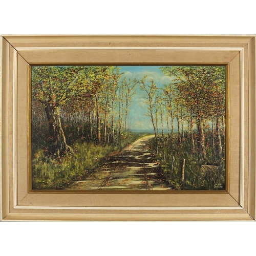 35 - Peter Kenward - The Edge of the Wood, leaves in autumn , oil on to board, contemporary frame, 56cm  ... 