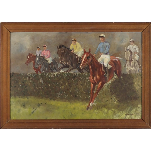 172 - L H Fhilpott - Jockey's over fences, oil on board, 60cm x 40cm