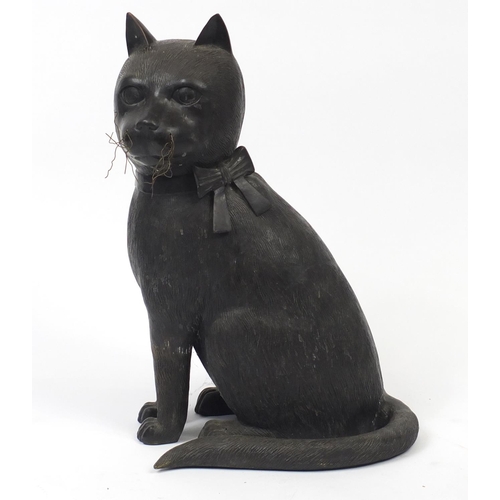 400A - Large Japanese floor standing patinated bronze seated cat, 61cm high