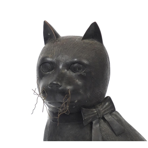 400A - Large Japanese floor standing patinated bronze seated cat, 61cm high