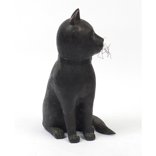 400A - Large Japanese floor standing patinated bronze seated cat, 61cm high