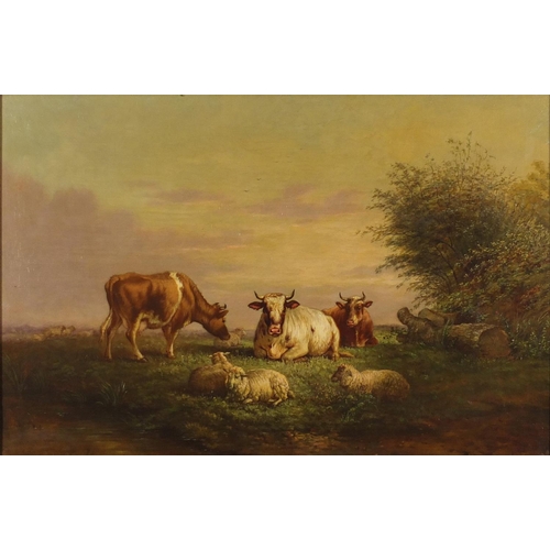 755 - H C Bryant - Cattle and sheep grazing, 19th century oil on canvas, mounted and framed, 75cm x 49.5cm