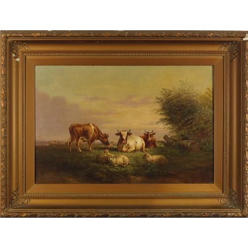 755 - H C Bryant - Cattle and sheep grazing, 19th century oil on canvas, mounted and framed, 75cm x 49.5cm