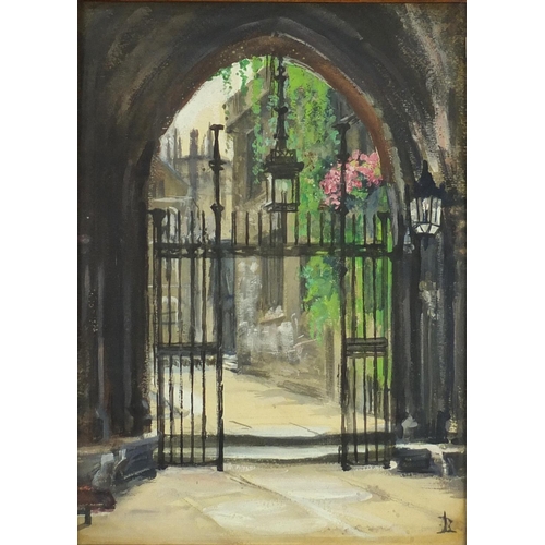 885 - Abbey with wrought iron gate and lanterns, watercolour, initialled LB?, remains of paper label verso... 