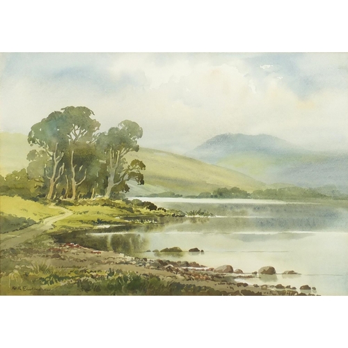 39 - Keith Burtonshaw - Lake before hills, watercolour, mounted and framed, 52cm x 36cm