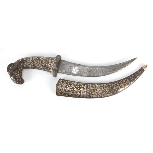 282 - Indian Bidriware dagger with goat head handle and watered blade, 35.5cm in length