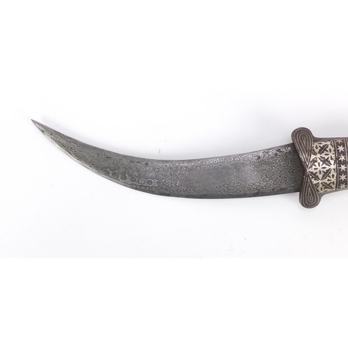 282 - Indian Bidriware dagger with goat head handle and watered blade, 35.5cm in length