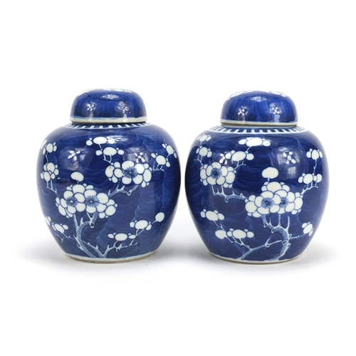 316 - Pair of Chinese blue and white porcelain ginger jars with covers, each hand painted with prunus flow... 