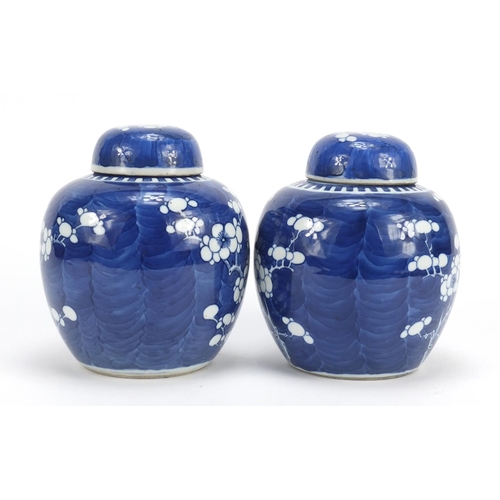 316 - Pair of Chinese blue and white porcelain ginger jars with covers, each hand painted with prunus flow... 