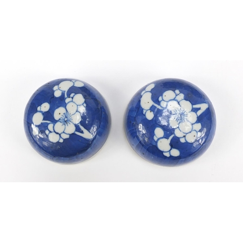 316 - Pair of Chinese blue and white porcelain ginger jars with covers, each hand painted with prunus flow... 