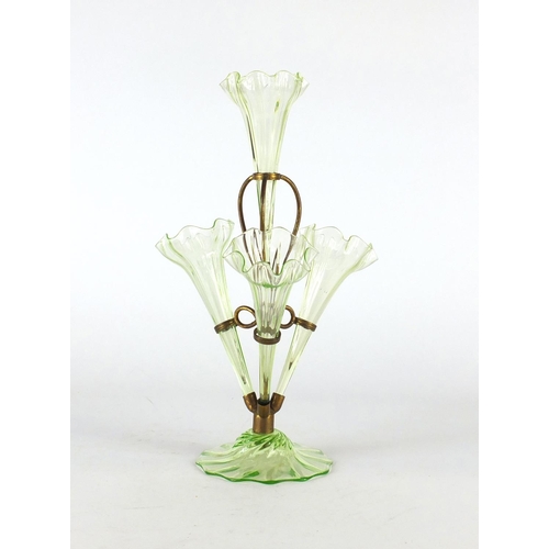 289 - Green glass four branch epergne, 31cm high