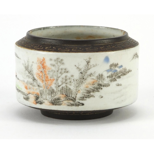 302 - Chinese porcelain brush pot hand painted with figures in a river landscape, with seal marks, 9cm in ... 