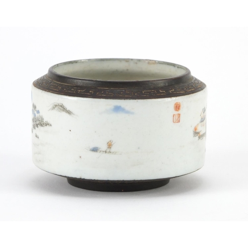 302 - Chinese porcelain brush pot hand painted with figures in a river landscape, with seal marks, 9cm in ... 