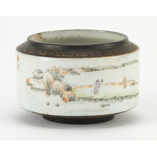 302 - Chinese porcelain brush pot hand painted with figures in a river landscape, with seal marks, 9cm in ... 