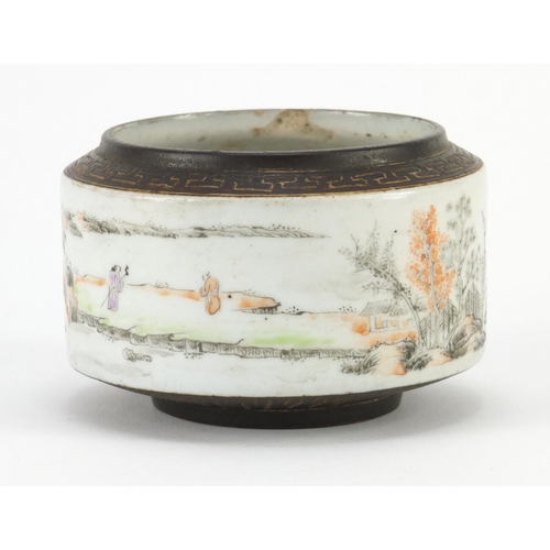 302 - Chinese porcelain brush pot hand painted with figures in a river landscape, with seal marks, 9cm in ... 